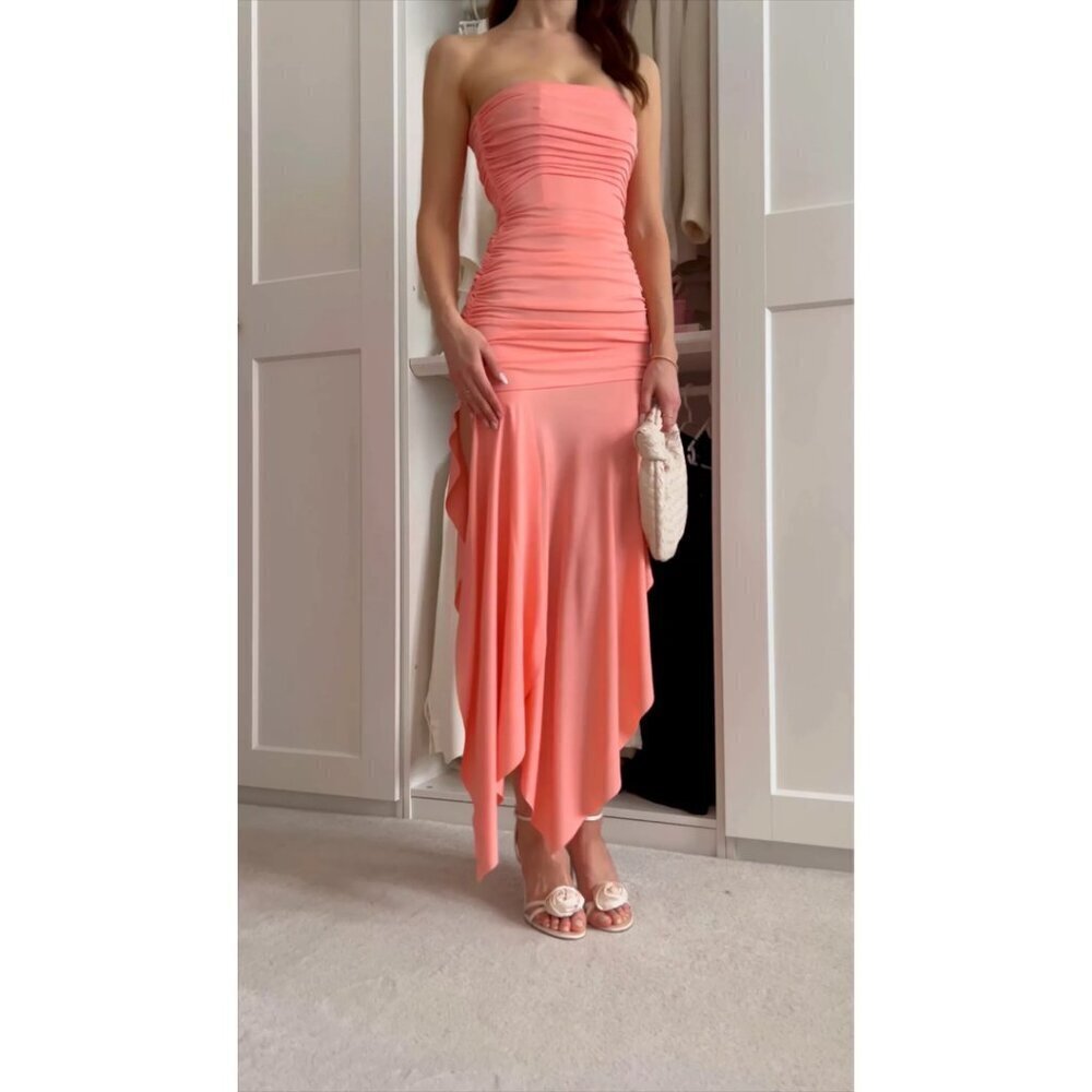 House Of Cb Ivana Gathered Asymmetric Dress In Apricot Size Medium